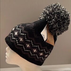 Timberland Black and Gray Knit Beanie with Pom-Pom